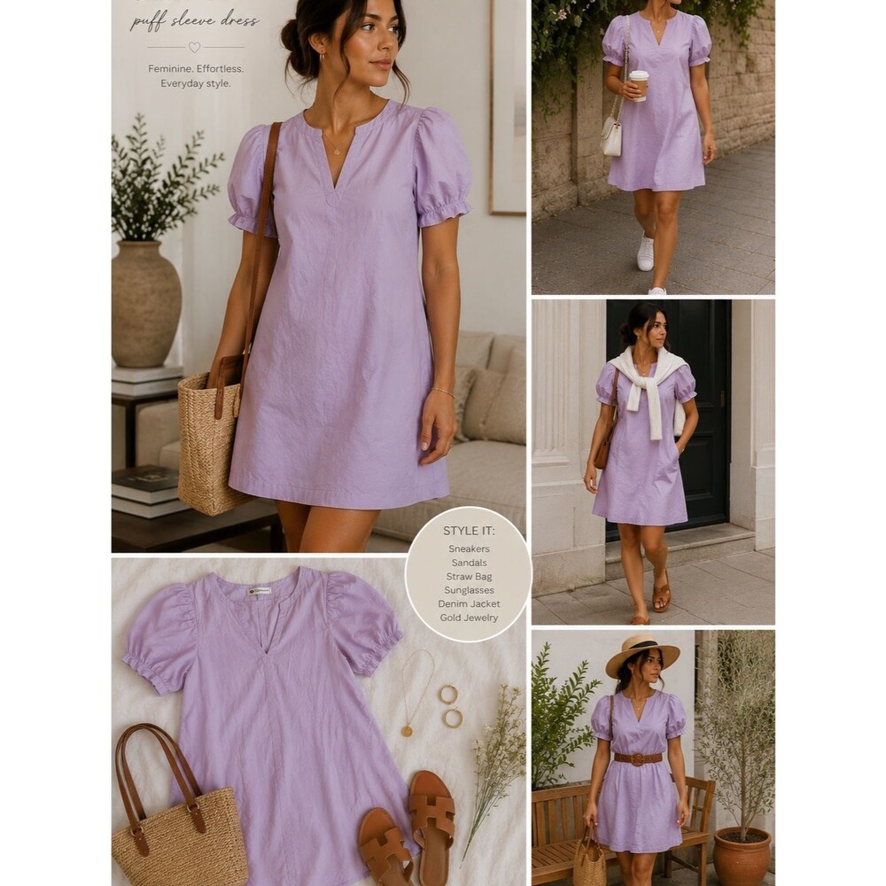 Caryn Lawn Lavender Purple Puff Sleeve Cotton Shift Mini Dress